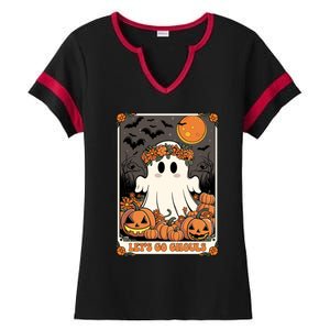 Halloween Lets Go Ghouls Ghost Retro Costume Tarot Card Gift Ladies Halftime Notch Neck Tee