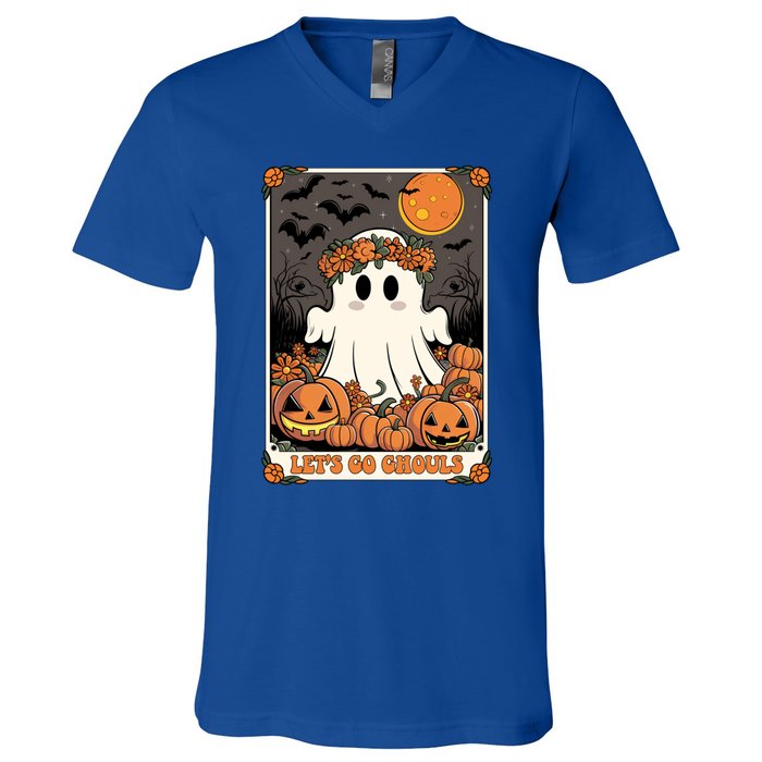 Halloween Lets Go Ghouls Ghost Retro Costume Tarot Card Gift V-Neck T-Shirt