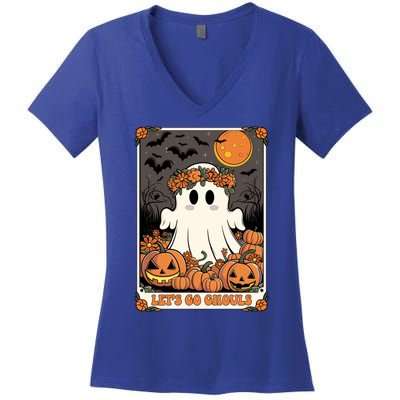 Halloween Lets Go Ghouls Ghost Retro Costume Tarot Card Gift Women's V-Neck T-Shirt