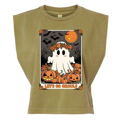 Halloween Lets Go Ghouls Ghost Retro Costume Tarot Card Gift Garment-Dyed Women's Muscle Tee