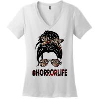 Horror Life Halloween Lover Hair Bun Women's V-Neck T-Shirt