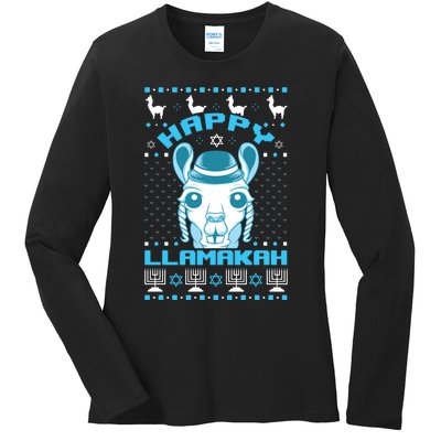 Happy Llamakah Jewish Llama Hanukkah Ugly Christmas Sweater Ladies Long Sleeve Shirt