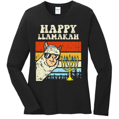 Happy Llamakah Jewish Llama Funny Hanukkah Pajamas Chanukah  Ladies Long Sleeve Shirt