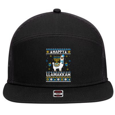 Happy Llamakkah Llama Alpaca Hanukkah Ugly Sweater Chanukah  7 Panel Mesh Trucker Snapback Hat
