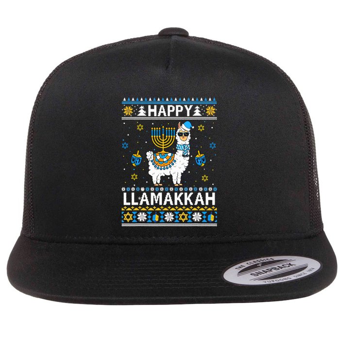 Happy Llamakkah Llama Alpaca Hanukkah Ugly Sweater Chanukah  Flat Bill Trucker Hat