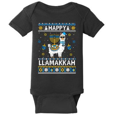 Happy Llamakkah Llama Alpaca Hanukkah Ugly Sweater Chanukah  Baby Bodysuit