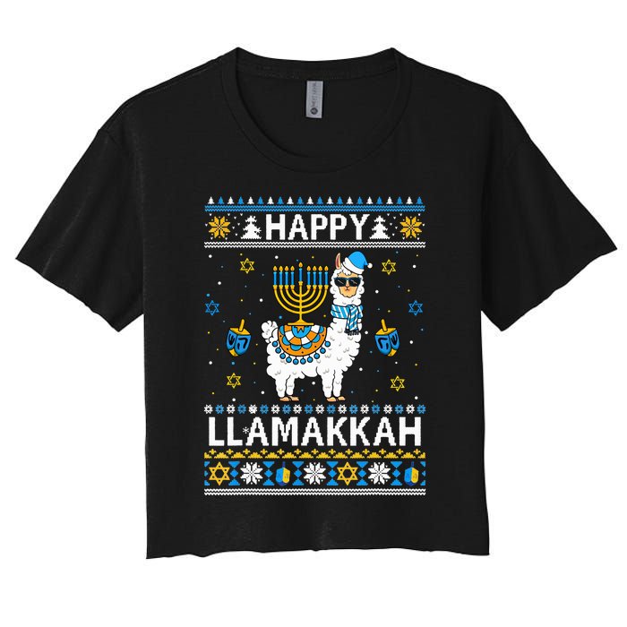 Happy Llamakkah Llama Alpaca Hanukkah Ugly Sweater Chanukah  Women's Crop Top Tee