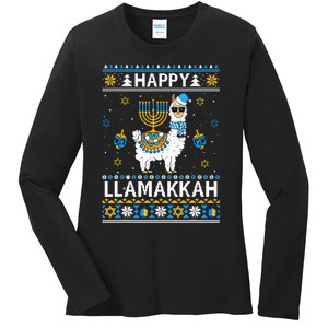 Happy Llamakkah Llama Alpaca Hanukkah Ugly Sweater Chanukah  Ladies Long Sleeve Shirt