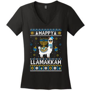 Happy Llamakkah Llama Alpaca Hanukkah Ugly Sweater Chanukah  Women's V-Neck T-Shirt