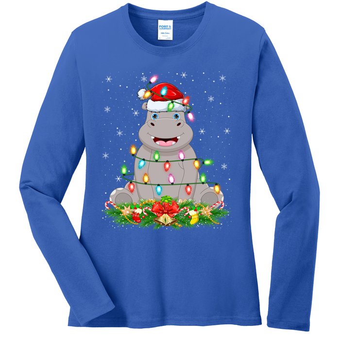 Hippo Lover Lighting Xmas Santa Hippopotamus Christmas Gift Ladies Long Sleeve Shirt