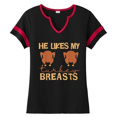 He Likes My Turkey Breasts Couple Matching Thanksgiving Ladies Halftime Notch Neck Tee