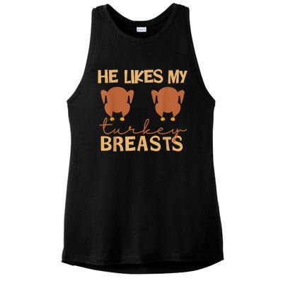 He Likes My Turkey Breasts Couple Matching Thanksgiving Ladies PosiCharge Tri-Blend Wicking Tank