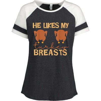 He Likes My Turkey Breasts Couple Matching Thanksgiving Enza Ladies Jersey Colorblock Tee