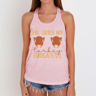 He Likes My Turkey Breasts Couple Matching Thanksgiving Women's Knotted Racerback Tank