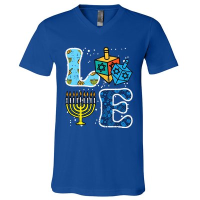 Hanukkah Love Menorah Dreidel Chanukah Jewish  V-Neck T-Shirt