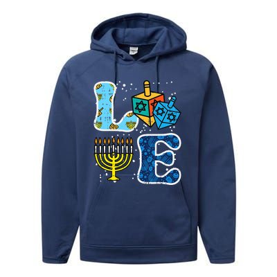 Hanukkah Love Menorah Dreidel Chanukah Jewish  Performance Fleece Hoodie