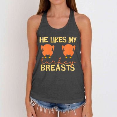 He Likes My Turkey Breasts Couple Matching Thanksgiving  Women's Knotted Racerback Tank