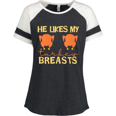 He Likes My Turkey Breasts Couple Matching Thanksgiving  Enza Ladies Jersey Colorblock Tee