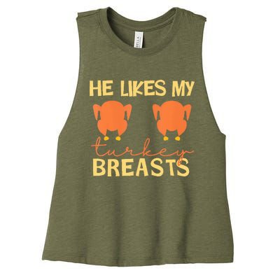 He Likes My Turkey Breasts Couple Matching Thanksgiving  Women's Racerback Cropped Tank