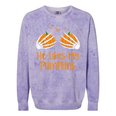 He Likes My Pumpkins Matching Couples Pumpkin Halloween Colorblast Crewneck Sweatshirt