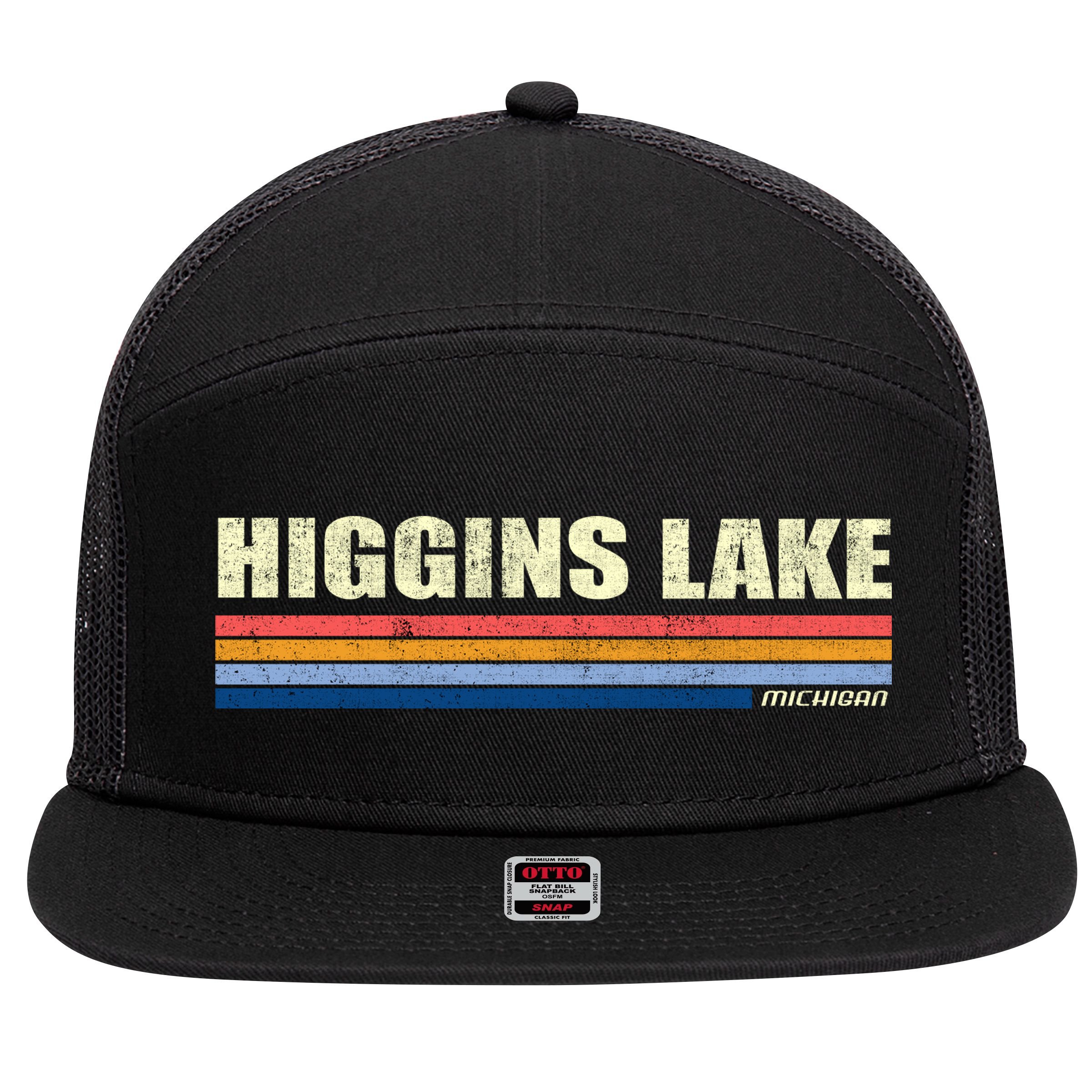 Higgins Lake Michigan Retro Style 1980's Logo 7 Panel Mesh Trucker Snapback Hat