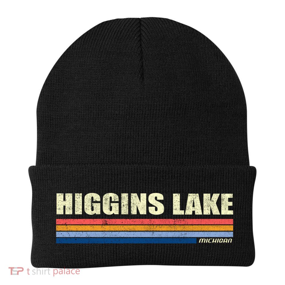 Higgins Lake Michigan Retro Style 1980's Logo Knit Cap Winter Beanie