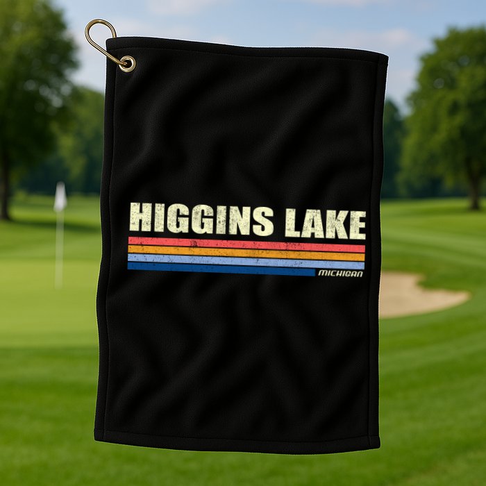 Higgins Lake Michigan Retro Style 1980's Logo Golf Towel