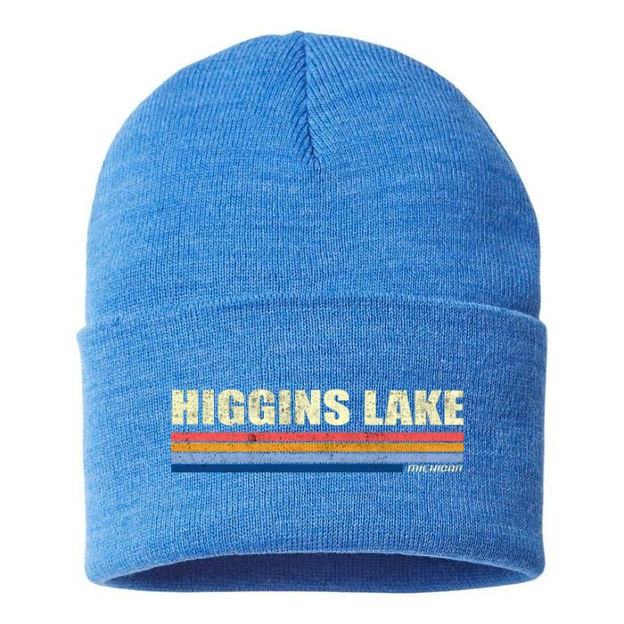 Higgins Lake Michigan Retro Style 1980's Logo Sustainable Knit Beanie