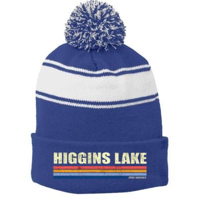 Higgins Lake Michigan Retro Style 1980's Logo Stripe Pom Pom Beanie