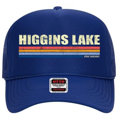 Higgins Lake Michigan Retro Style 1980's Logo High Crown Mesh Back Trucker Hat