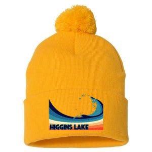 Higgins Lake Michigan Retro Boating Sailing & Fishing Pom Pom 12in Knit Beanie