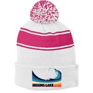 Higgins Lake Michigan Retro Boating Sailing & Fishing Stripe Pom Pom Beanie