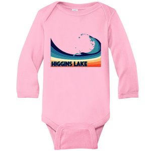 Higgins Lake Michigan Retro Boating Sailing & Fishing Baby Long Sleeve Bodysuit