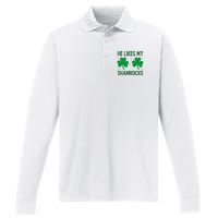 He Likes My Shamrocks Funny St Patricks Day Performance Long Sleeve Polo