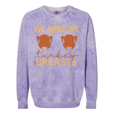 He Likes My Turkey Breasts Couple Matching Thanksgiving Colorblast Crewneck Sweatshirt