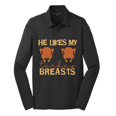 He Likes My Turkey Breasts Couple Matching Thanksgiving Silk Touch Performance Long Sleeve Polo