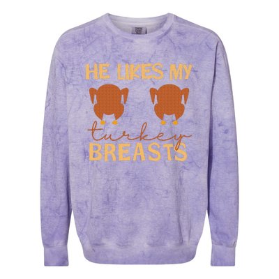 He Likes My Turkey Breasts Couple Matching Thanksgiving Colorblast Crewneck Sweatshirt