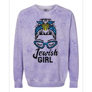 Hanukkah Leopard Messy Bun Jewish Girl Chanukah Colorblast Crewneck Sweatshirt