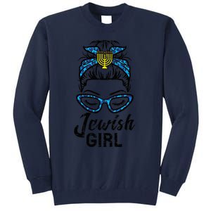 Hanukkah Leopard Messy Bun Jewish Girl Chanukah Tall Sweatshirt