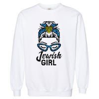 Hanukkah Leopard Messy Bun Jewish Girl Chanukah Garment-Dyed Sweatshirt