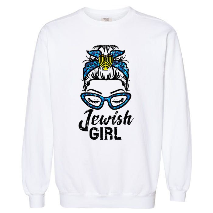 Hanukkah Leopard Messy Bun Jewish Girl Chanukah Garment-Dyed Sweatshirt