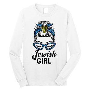 Hanukkah Leopard Messy Bun Jewish Girl Chanukah Long Sleeve Shirt