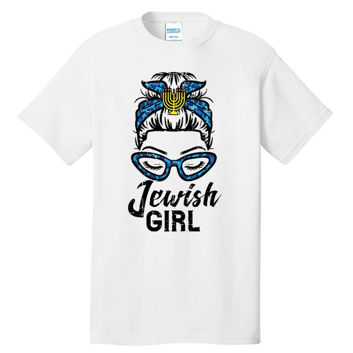 Hanukkah Leopard Messy Bun Jewish Girl Chanukah Tall T-Shirt