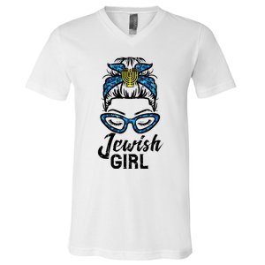 Hanukkah Leopard Messy Bun Jewish Girl Chanukah V-Neck T-Shirt