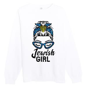 Hanukkah Leopard Messy Bun Jewish Girl Chanukah Premium Crewneck Sweatshirt