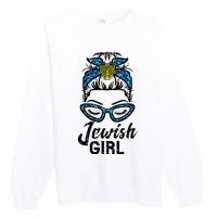 Hanukkah Leopard Messy Bun Jewish Girl Chanukah Premium Crewneck Sweatshirt