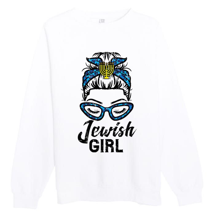 Hanukkah Leopard Messy Bun Jewish Girl Chanukah Premium Crewneck Sweatshirt