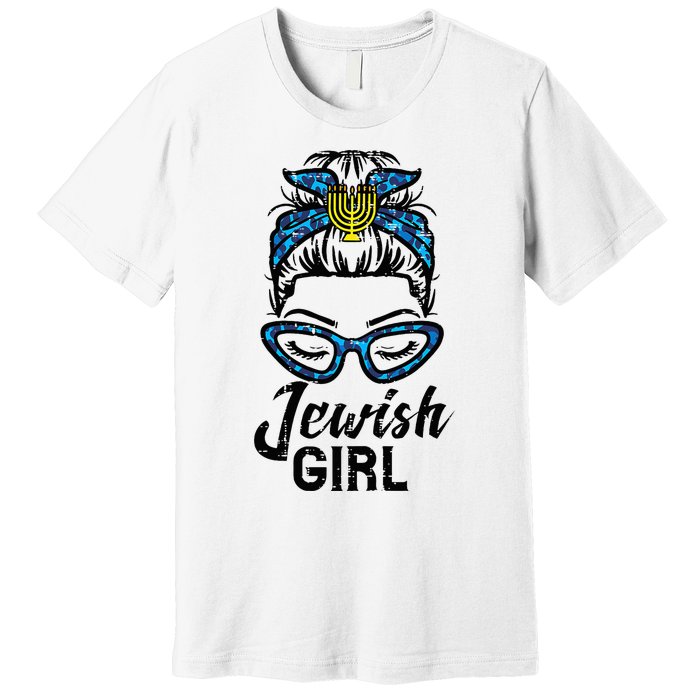 Hanukkah Leopard Messy Bun Jewish Girl Chanukah Premium T-Shirt