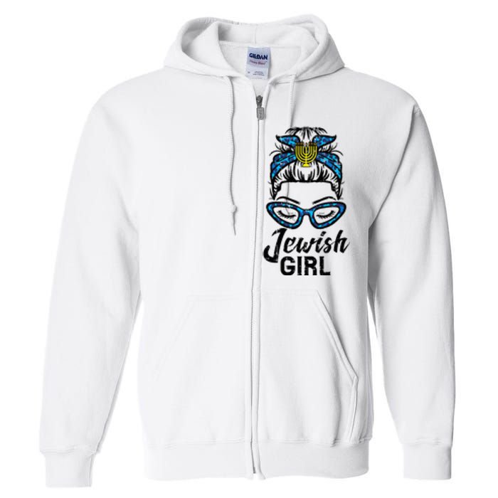 Hanukkah Leopard Messy Bun Jewish Girl Chanukah Full Zip Hoodie