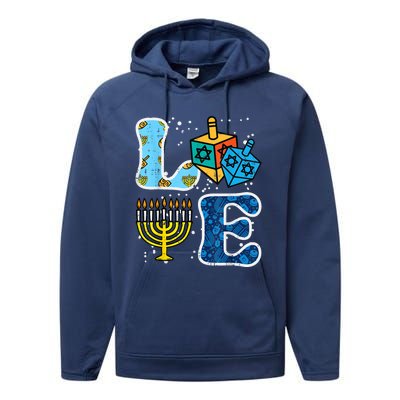 Hanukkah Love Menorah Dreidel Chanukah Jewish Performance Fleece Hoodie